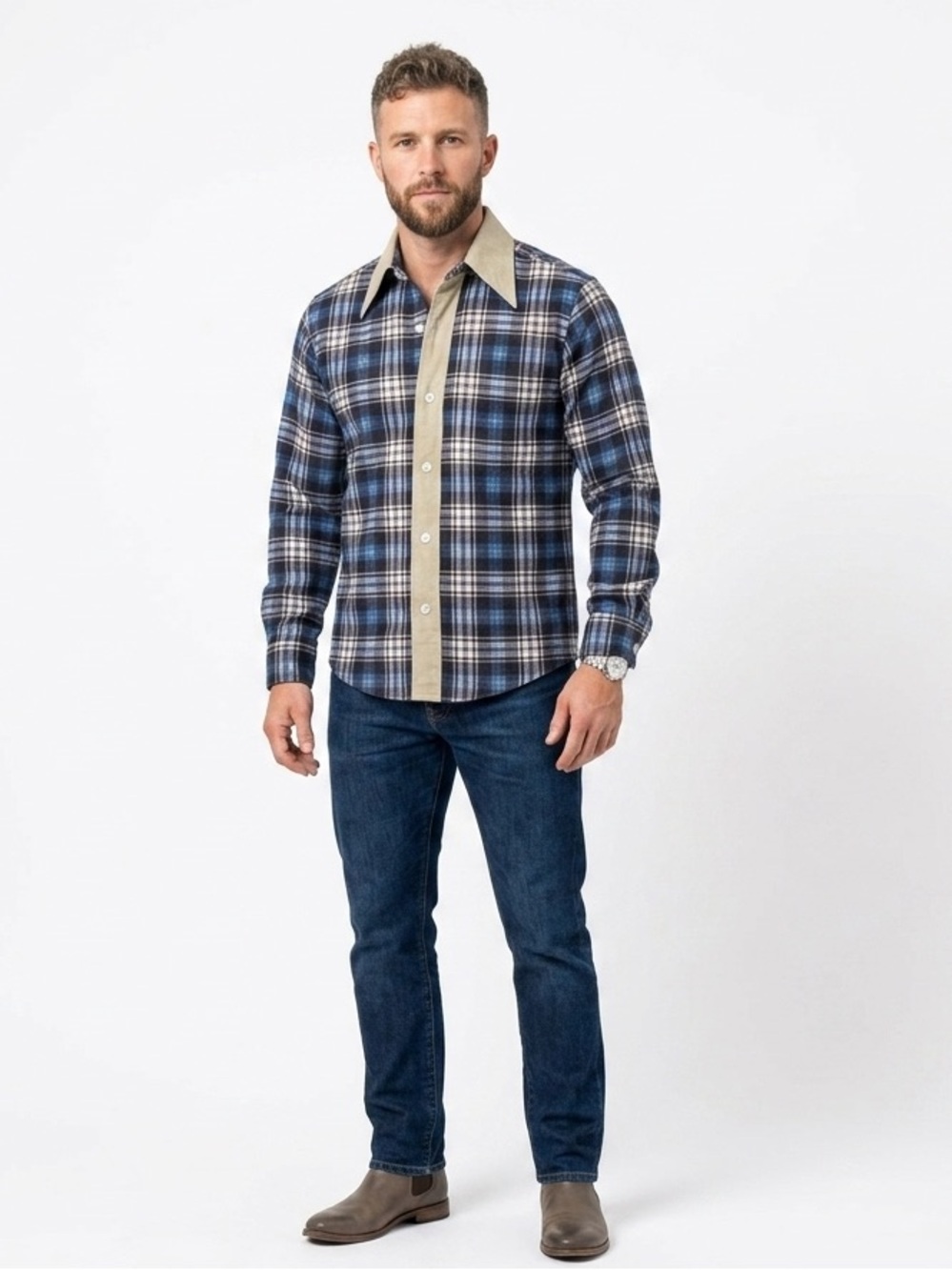 Vintage Style Sugarbush Fashions Plaid Button-Down Shirt, Men's Large, Blue/Tan